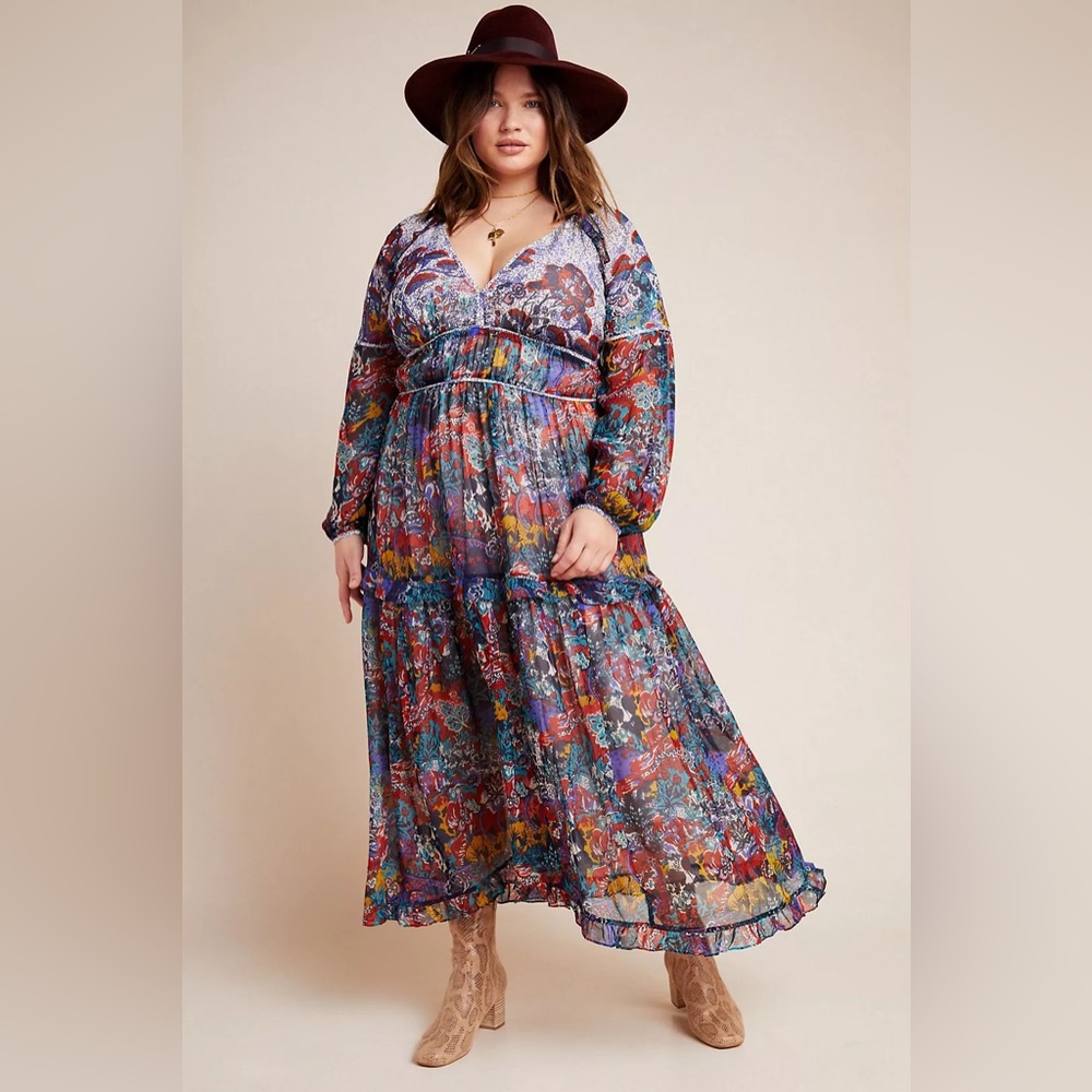 NWT ANTHROPOLOGIE MAEVE ANNABELLA TIERED RUFFLED V-NECK FLORAL MAXI DRESS sz 16W